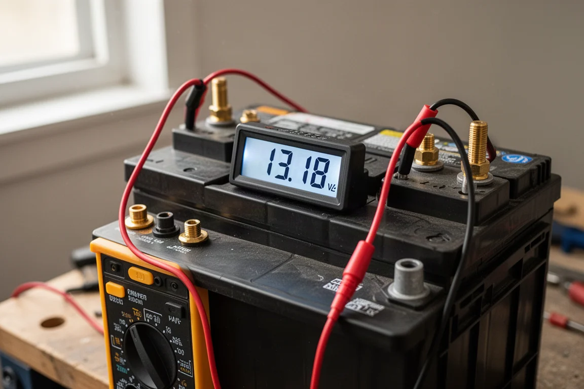 Digital multimeter displaying 13.18 volts connected to a car battery