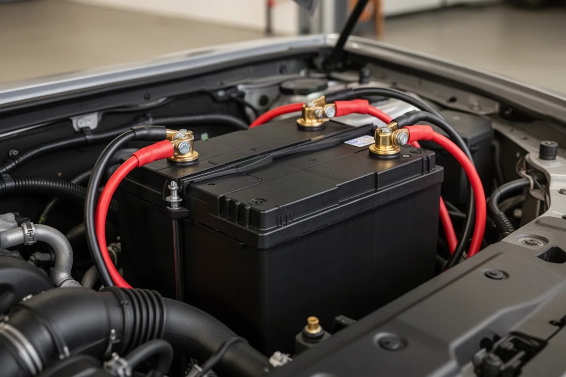 Solid-state car battery installed in an engine bay with terminals connected