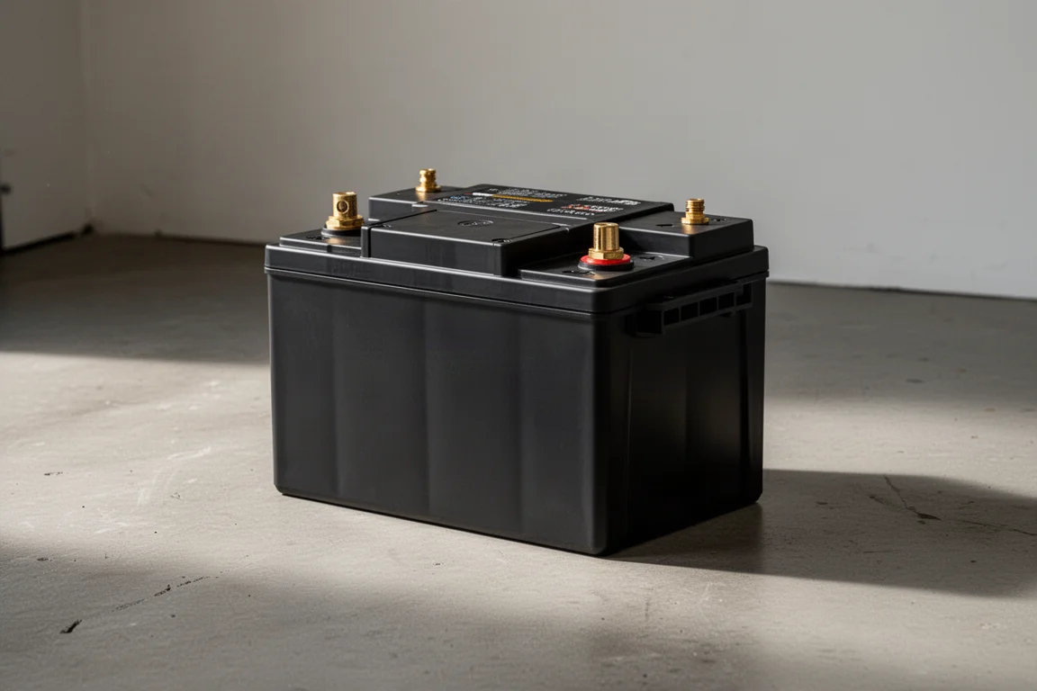 LiPower solid-state car battery with gold-plated terminals on concrete floor