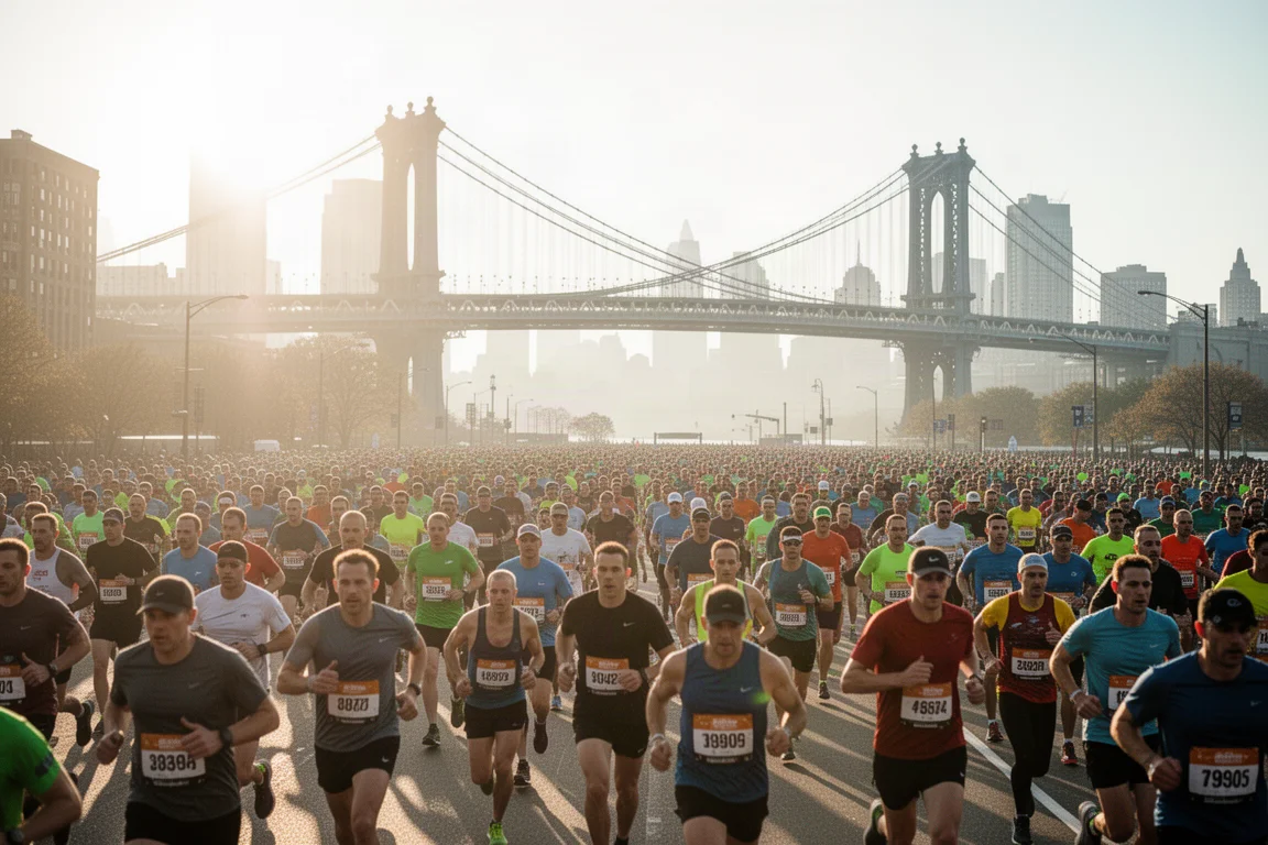 Runner toeing the start line of a large city half marathon in bright sun