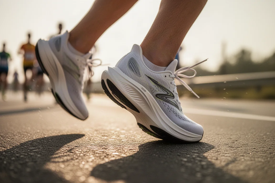 Close-up of racing shoes striking sunlit tarmac mid-race
