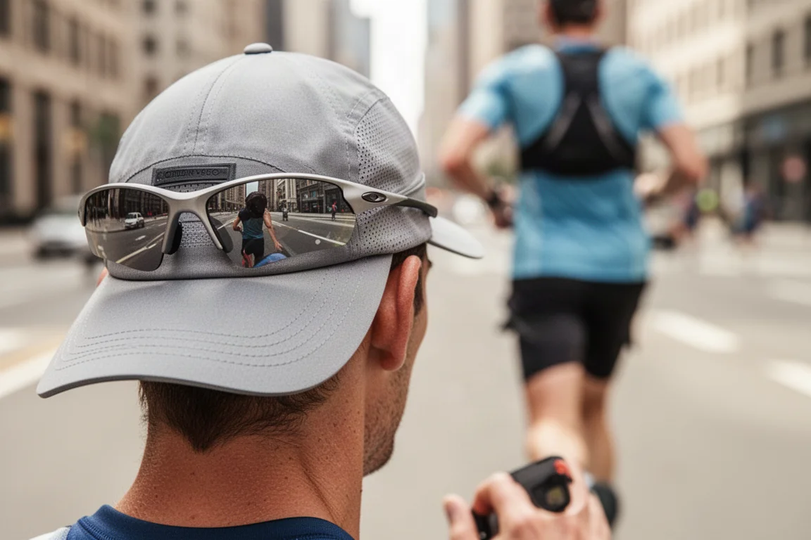 Sunglasses resting on a runner's cap brim during a sunny run