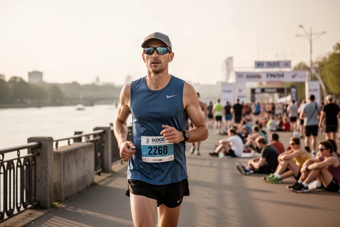 Runner cooling down near a riverfront finish area after a hot race