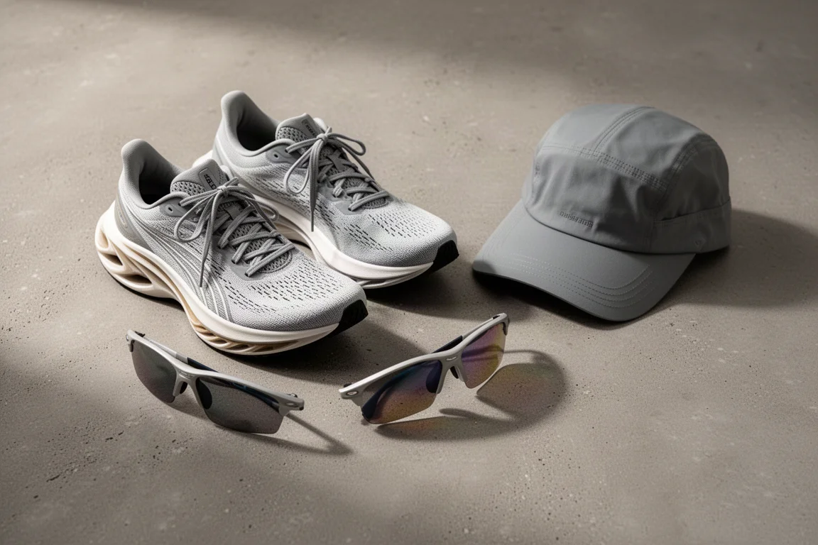 Racing shoes, sunglasses and a running cap laid out on concrete