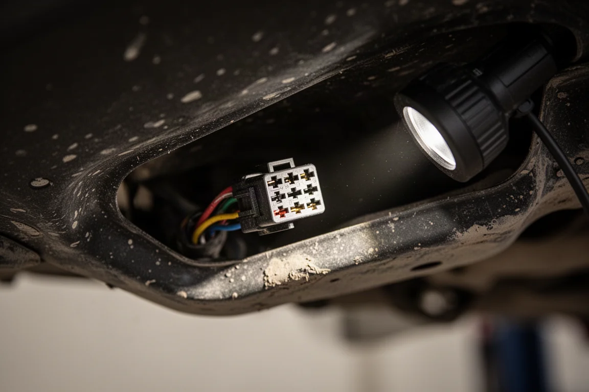 Conector elétrico engordurado embutido contra o chassi de um veículo em pouca luz
