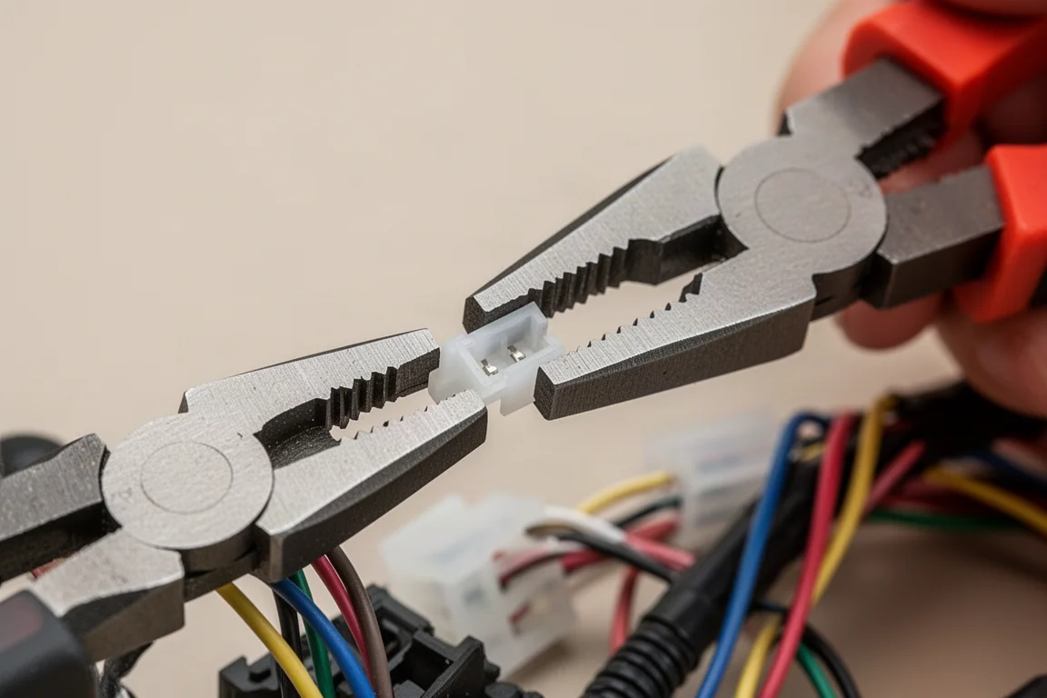 Mandíbulas dos alicates de desconexão segurando uma pequena aba de conector