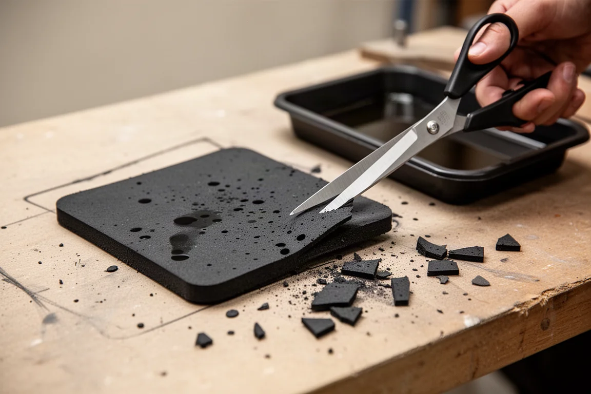 Een vierkant rubberen splatter pad wordt met een schaar bijgesneden om op een opvangbak te passen