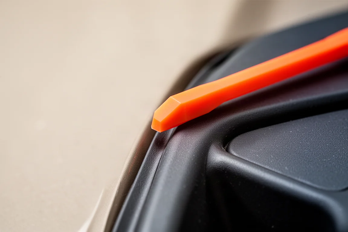 Gros plan sur le bord non marquant d'un outil de levier en nylon appuyé contre un panneau de garniture plastique