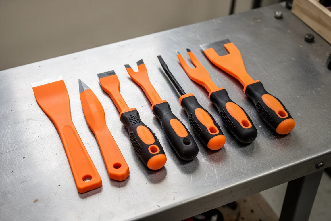 Vue aérienne d'outils de levier non marquants disposés sur un établi d'atelier