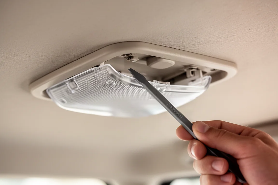 Cache de luminaire intérieur d'un camping-car délicatement décollé avec un outil plastique