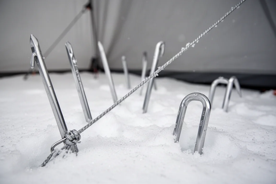 ガイラインの横で雪に打ち込まれたアルミ製テントペグとスノーアンカー