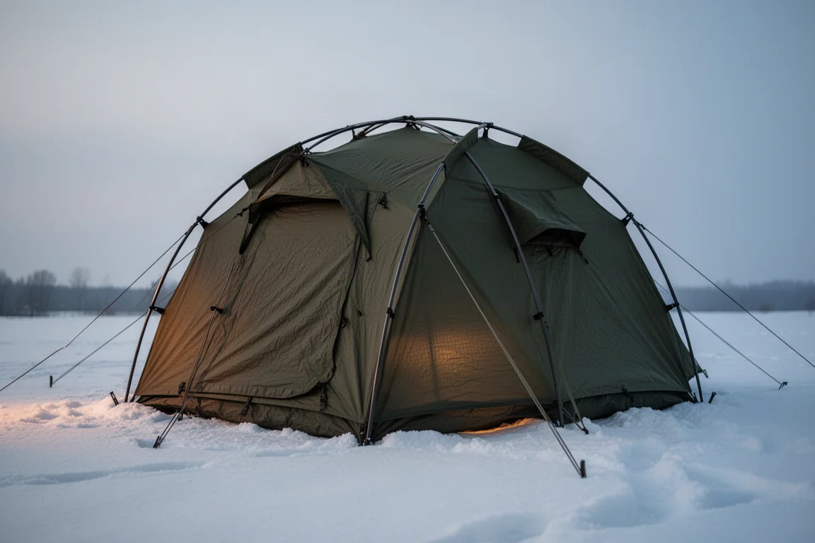 Olive four-season military tent pitched on snow at dusk with taut guy lines