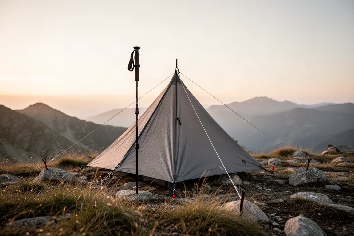 Bastoncino da trekking che sostiene un tarp piramidale grigio su un crinale alpino all'ora d'oro