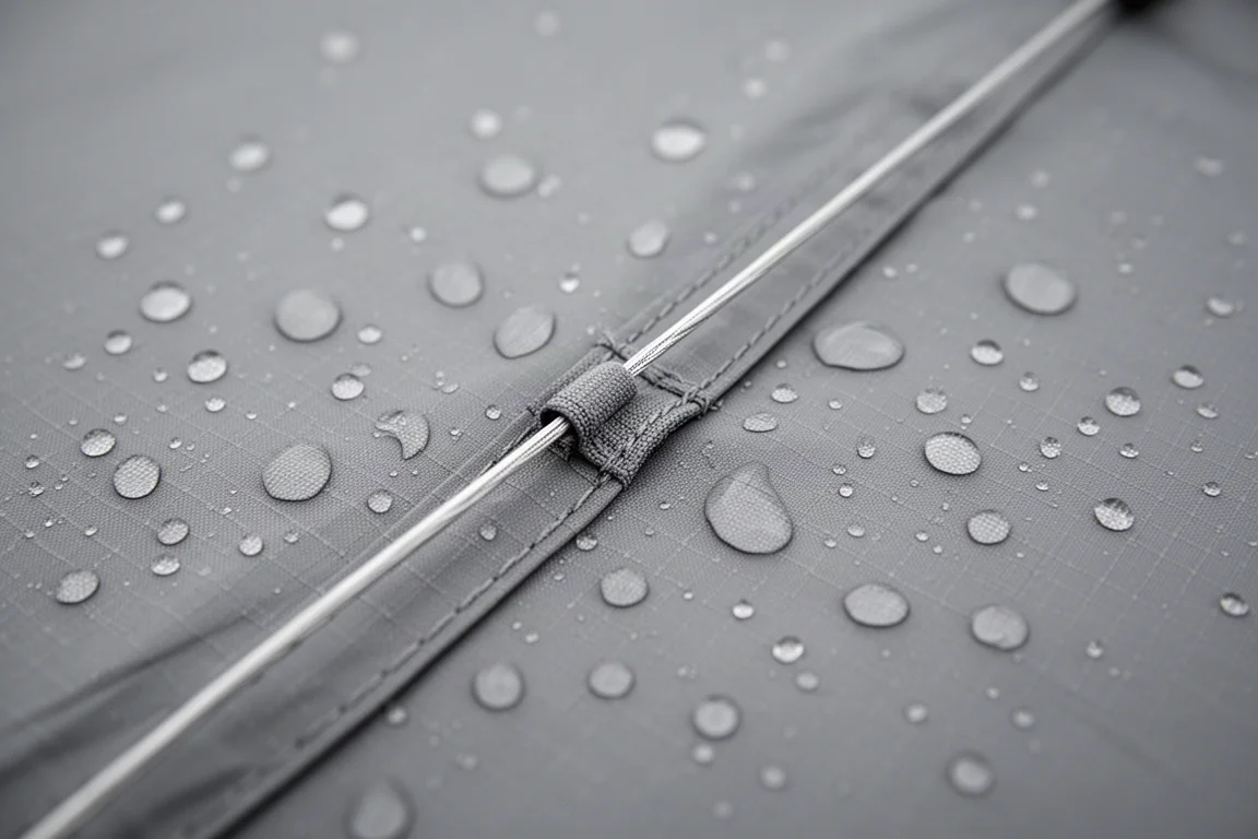 Gocce d'acqua su tessuto ripstop grigio opaco con rivestimento in silicone e cucitura