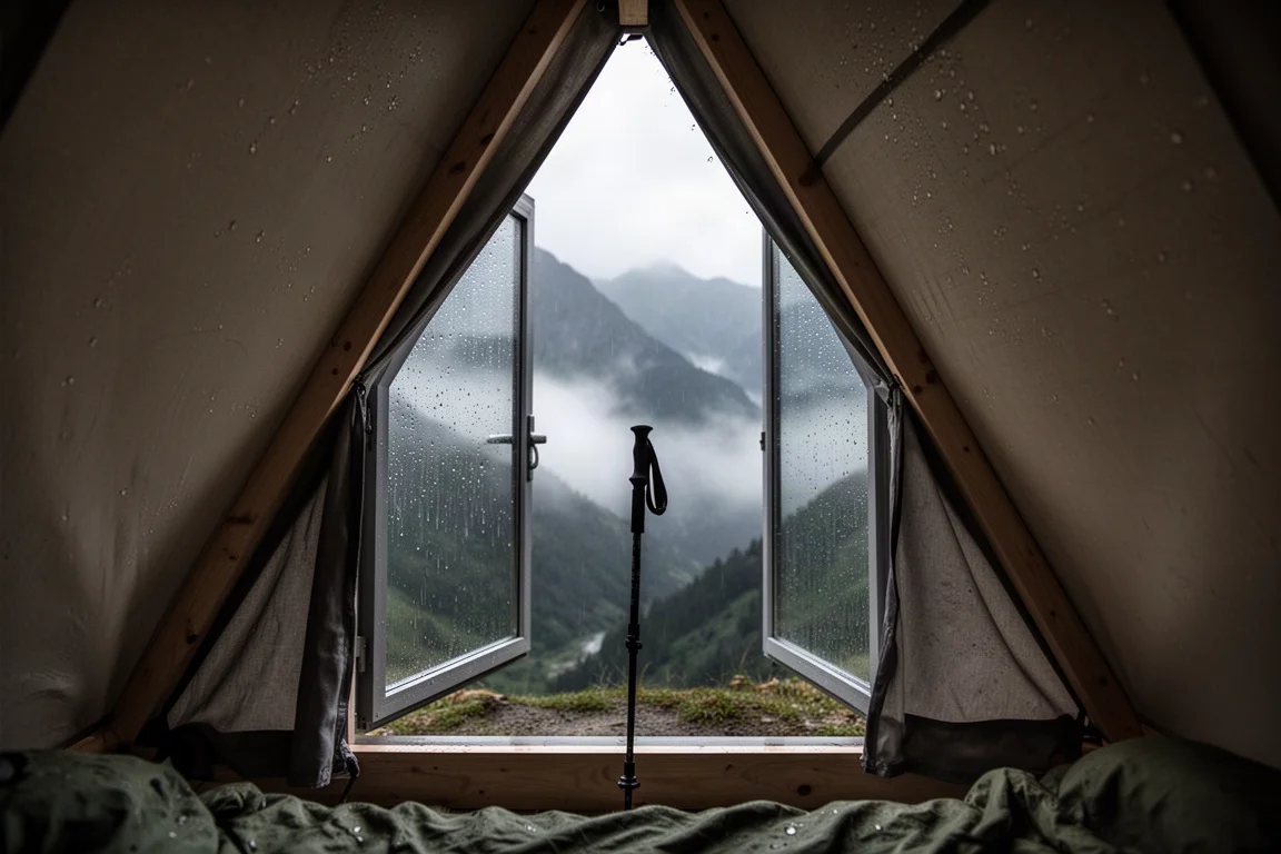 Vista dall'interno di un rifugio piramidale a parete singola su una valle alpina bagnata dalla pioggia