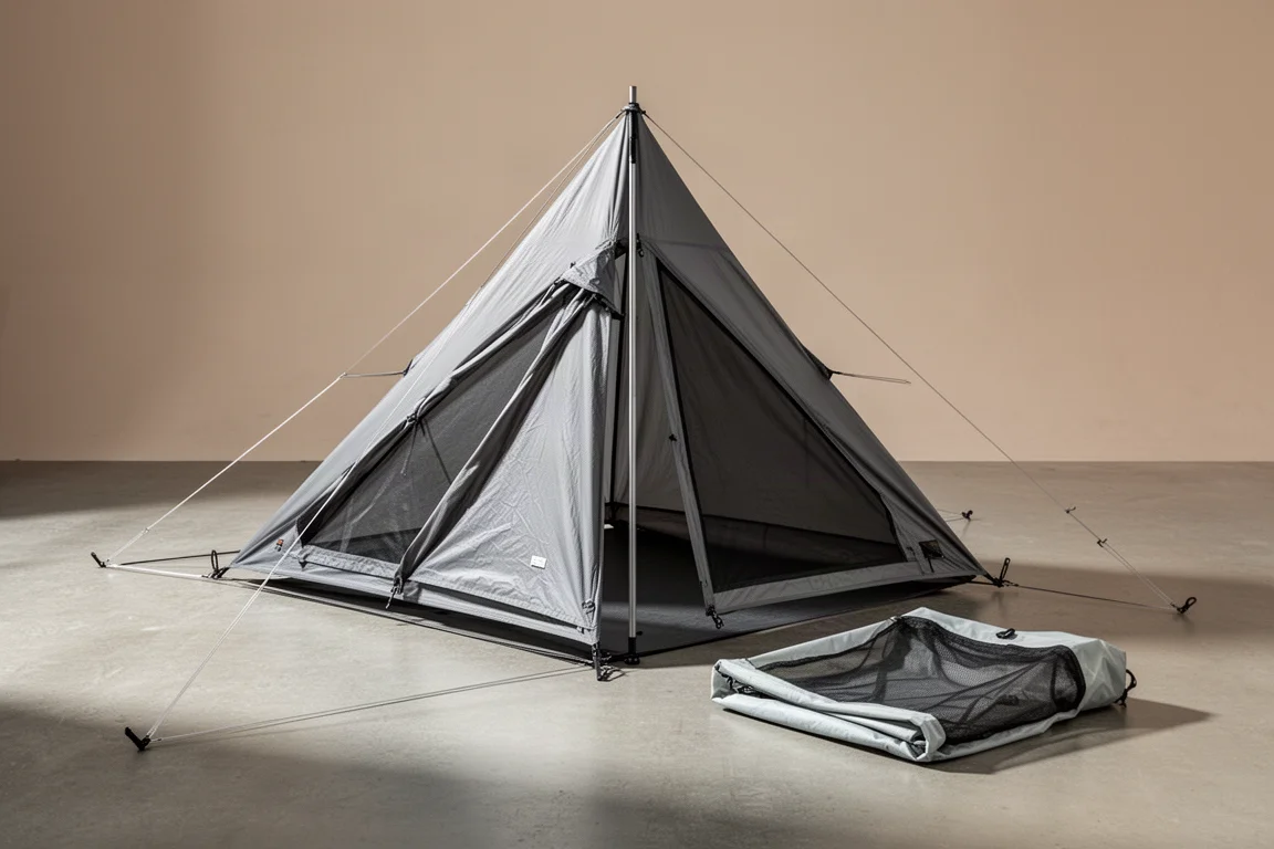 Abrigo tarp piramidal cinza montado com bastão de trekking ao lado de uma inner mesh dobrada