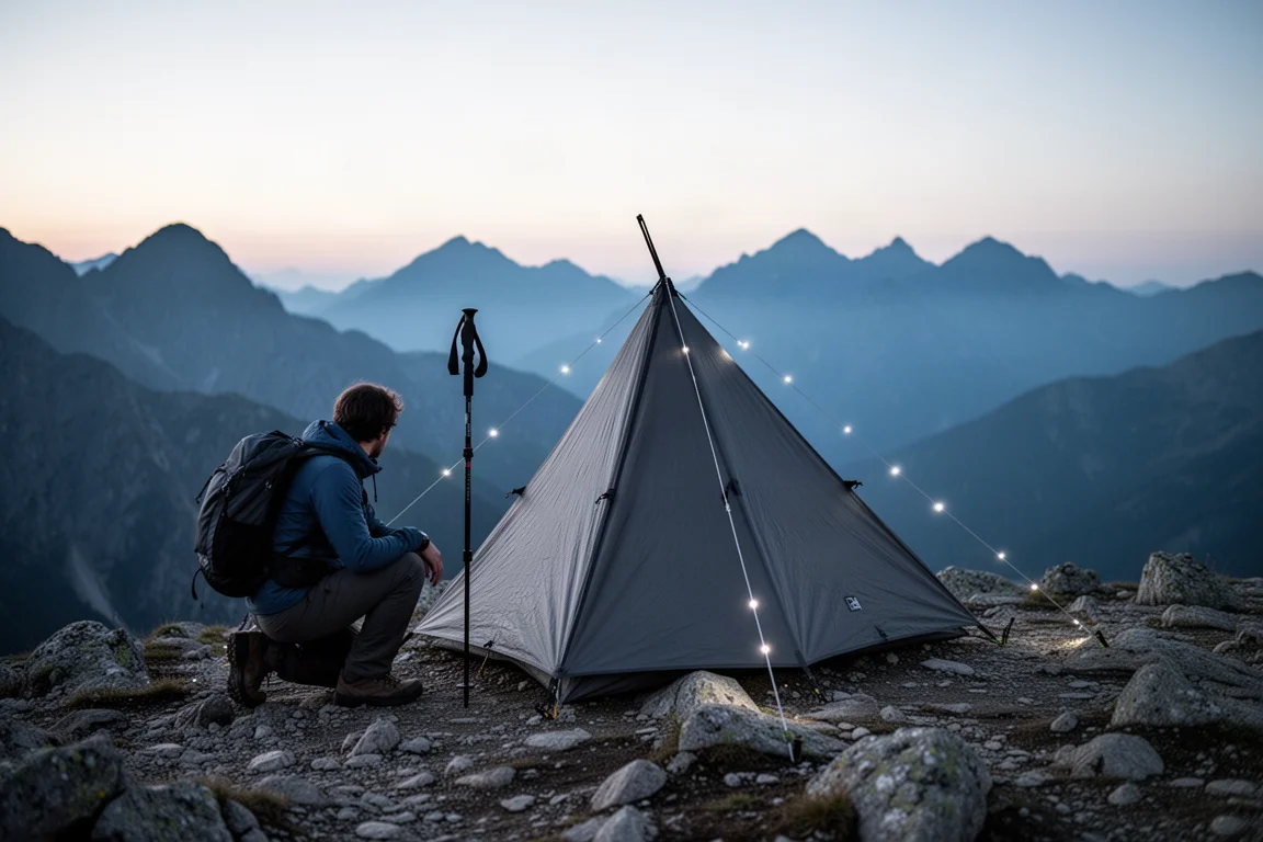 Senderista arrodillado junto a un refugio tarp piramidal gris bajo sobre una cresta alpina rocosa al anochecer