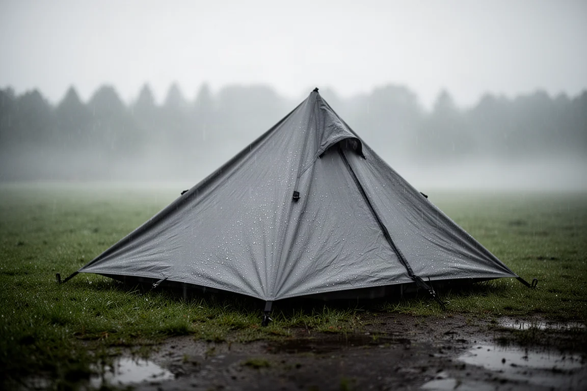 Refugio tarp piramidal gris montado sobre hierba mojada bajo lluvia constante y niebla
