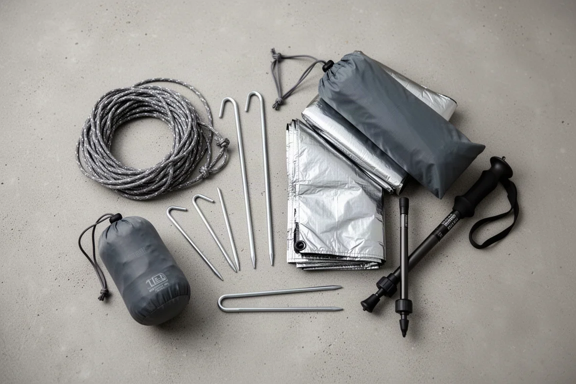 Vista cenital de accesorios ultraligeros para refugio sobre una superficie de hormigón