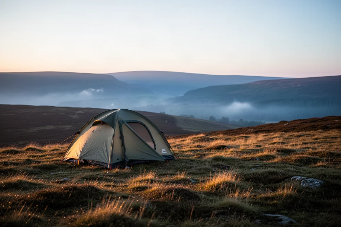 Tente de bivouac installée sur une crête de lande au crépuscule dans une lumière dorée rasante