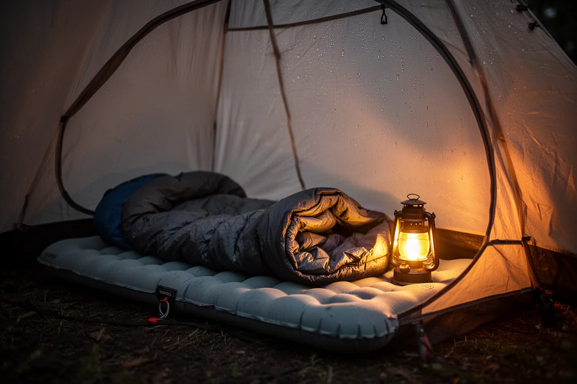 Intérieur d'une tente la nuit avec un matelas de couchage gonflé et un sac de couchage