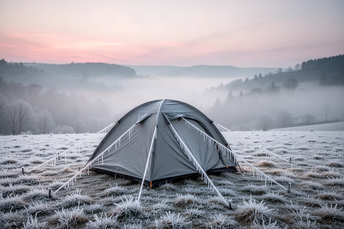 Campement couvert de gel au lever du jour avec une tente et de la brume dans la vallée