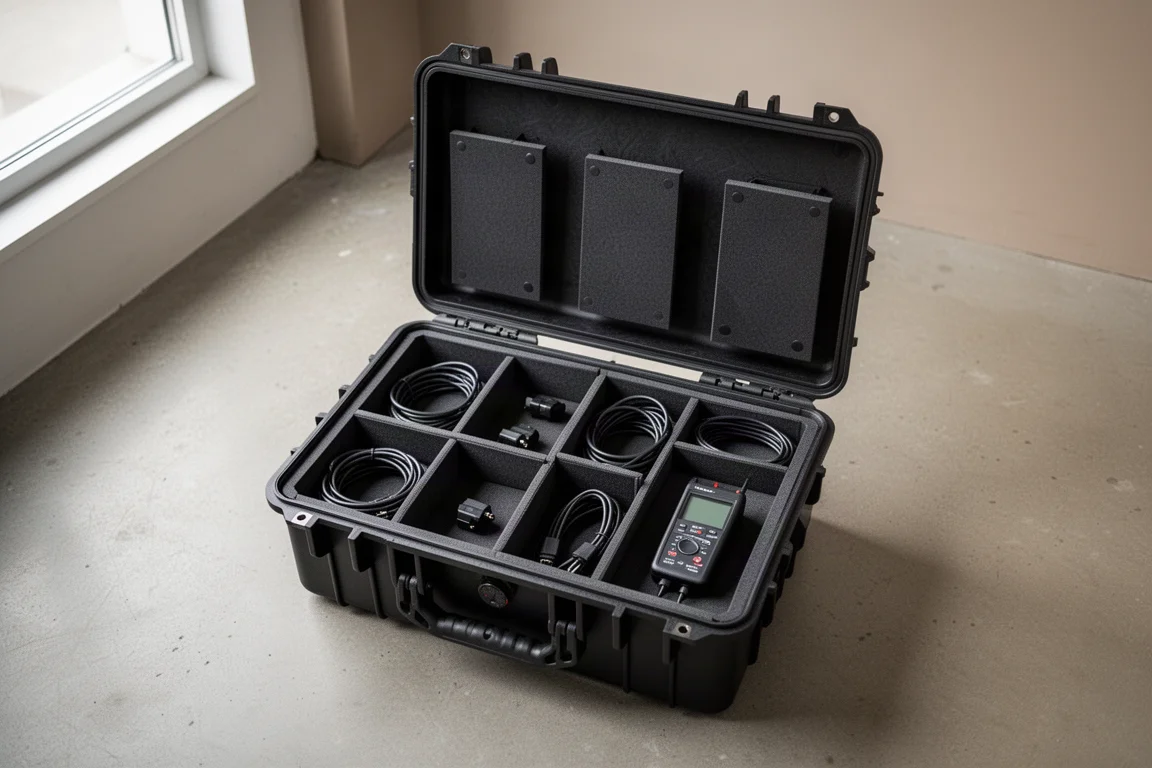 Open harde koffer met modulaire verdeler-inzet met opgerolde audiokabels en gereedschap