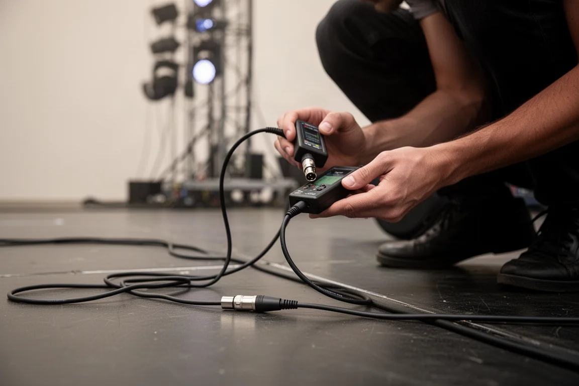 Audiotechnicus test een XLR-kabel met een handtester op een donker podium