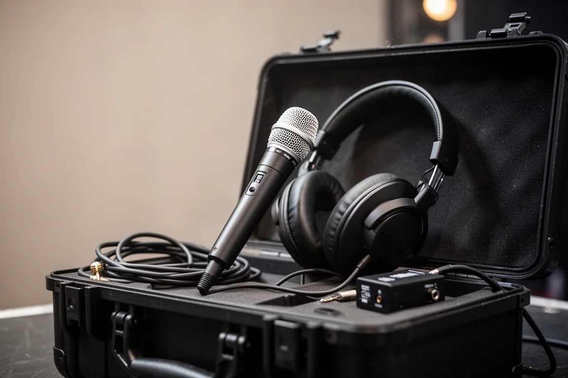 Microfoon en over-ear hoofdtelefoon op een workbox-deksel naast een podium