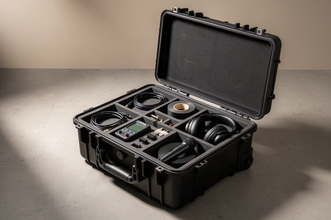 Open black hard case with modular dividers holding cables, tester, tape and microphone