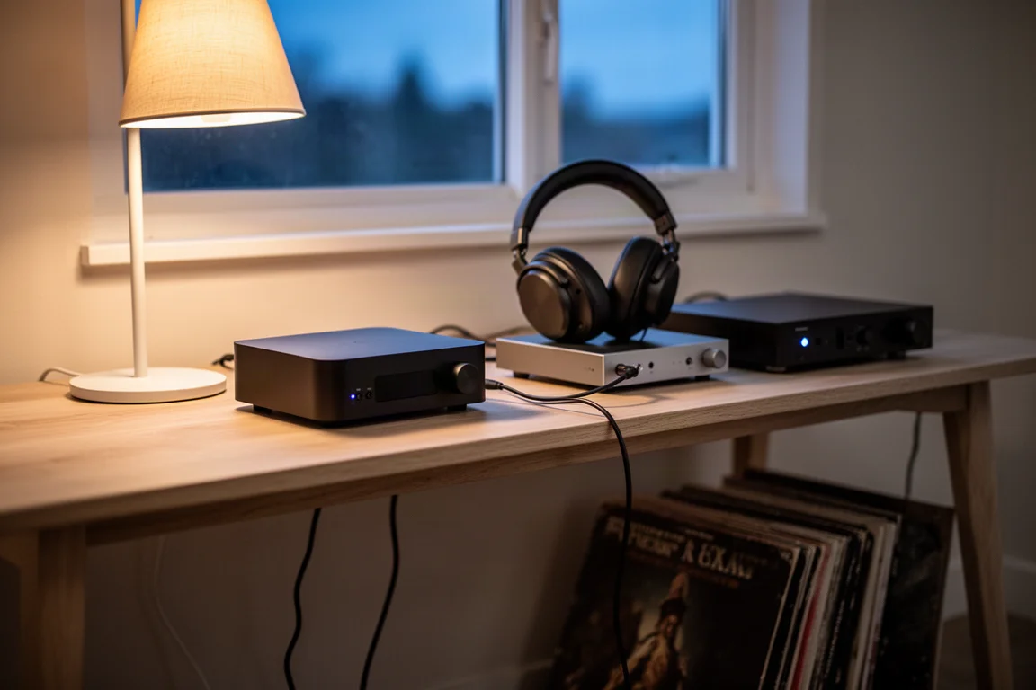 Configuración compacta de escucha con auriculares en escritorio con un pequeño convertidor negro al atardecer