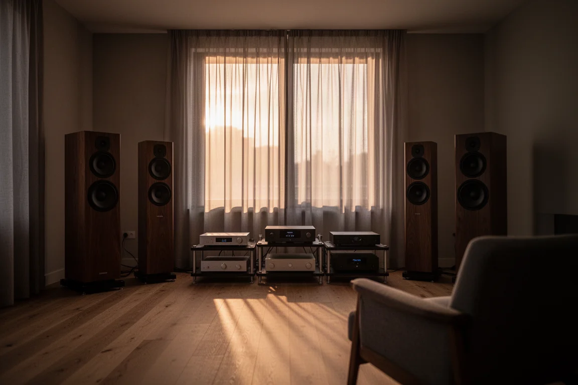 Sala de escucha con poca luz, altavoces de suelo y un mueble bajo para equipos
