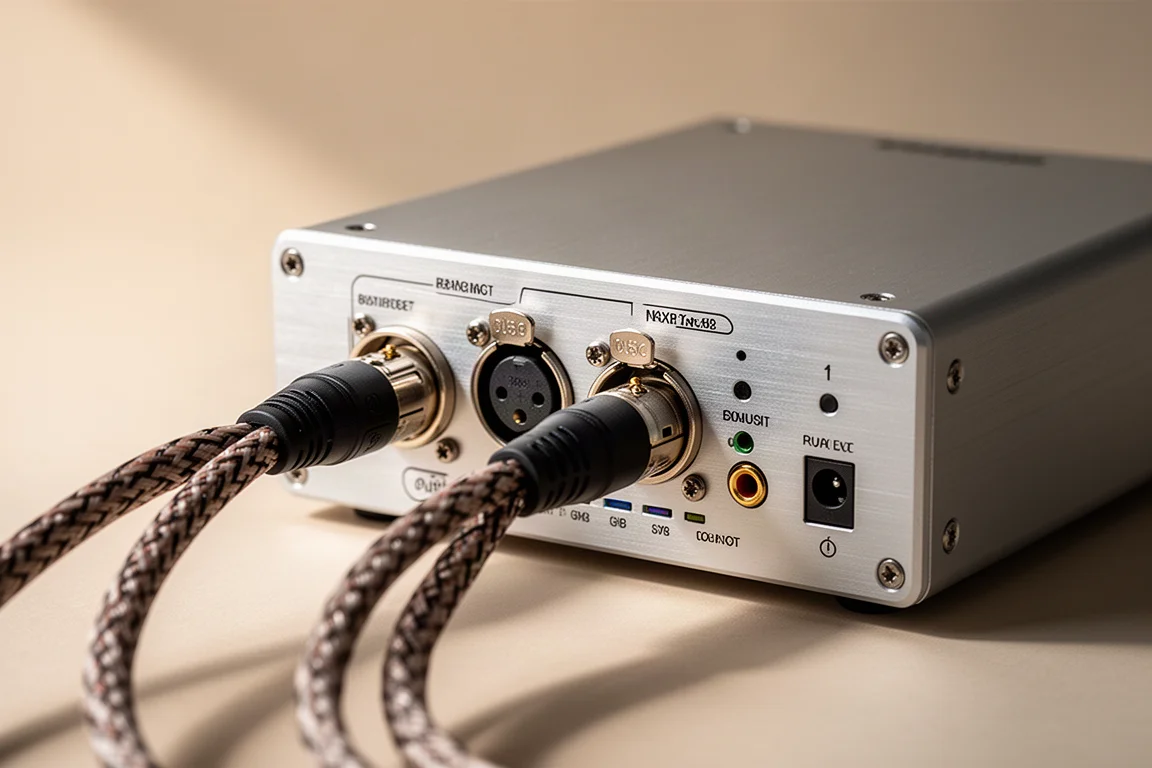 Primer plano de cables XLR balanceados conectados al panel trasero de un convertidor compacto