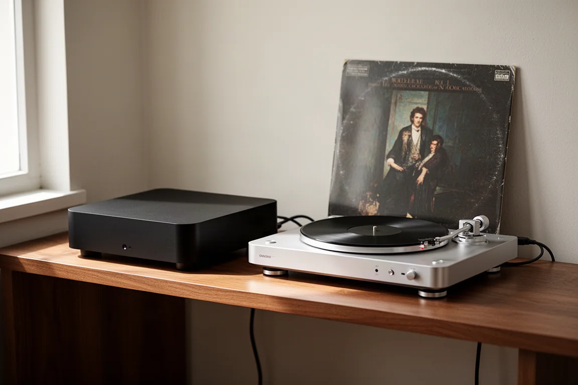Convertidor compacto y transporte de CD uno al lado del otro en un estante bajo de hi-fi