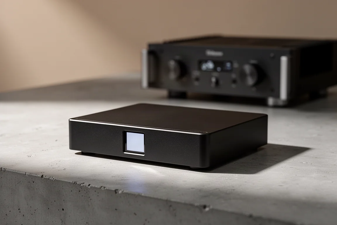 Compact matte black aluminium digital-to-analog converter on a concrete surface