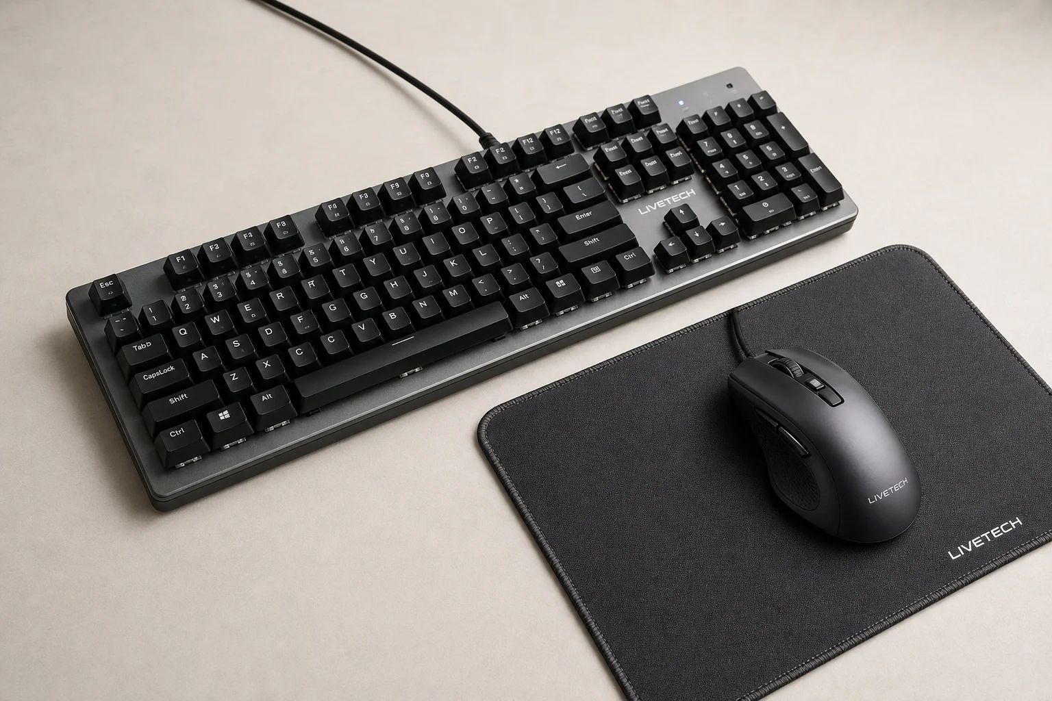 Otto combo tastiera e mouse da gaming disposte su una superficie in cemento che mostrano vari design e colori