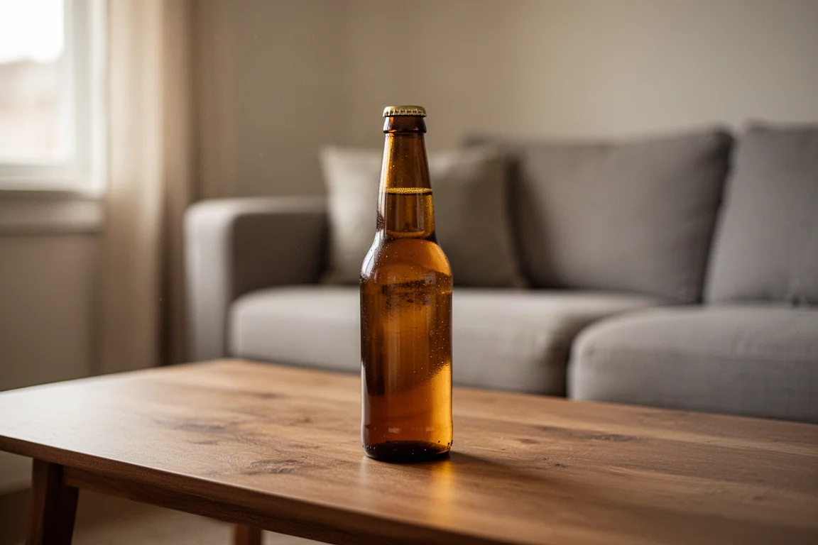 A bottle of beer on a coffee table in a softly lit living room