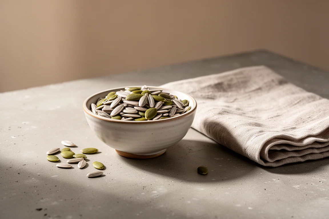 A small bowl of mixed sunflower and pumpkin seeds on a table