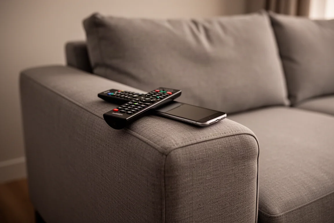 A sofa armrest with a remote control and a phone resting nearby