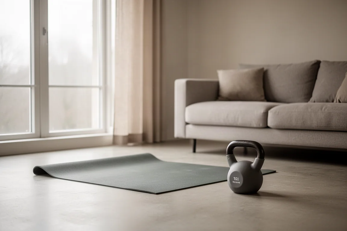 A person lifting a kettlebell-style weight in a bright home living space