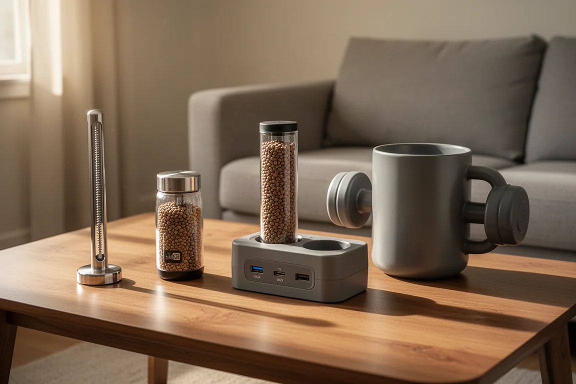 Four living room gadgets arranged on a coffee table in warm light