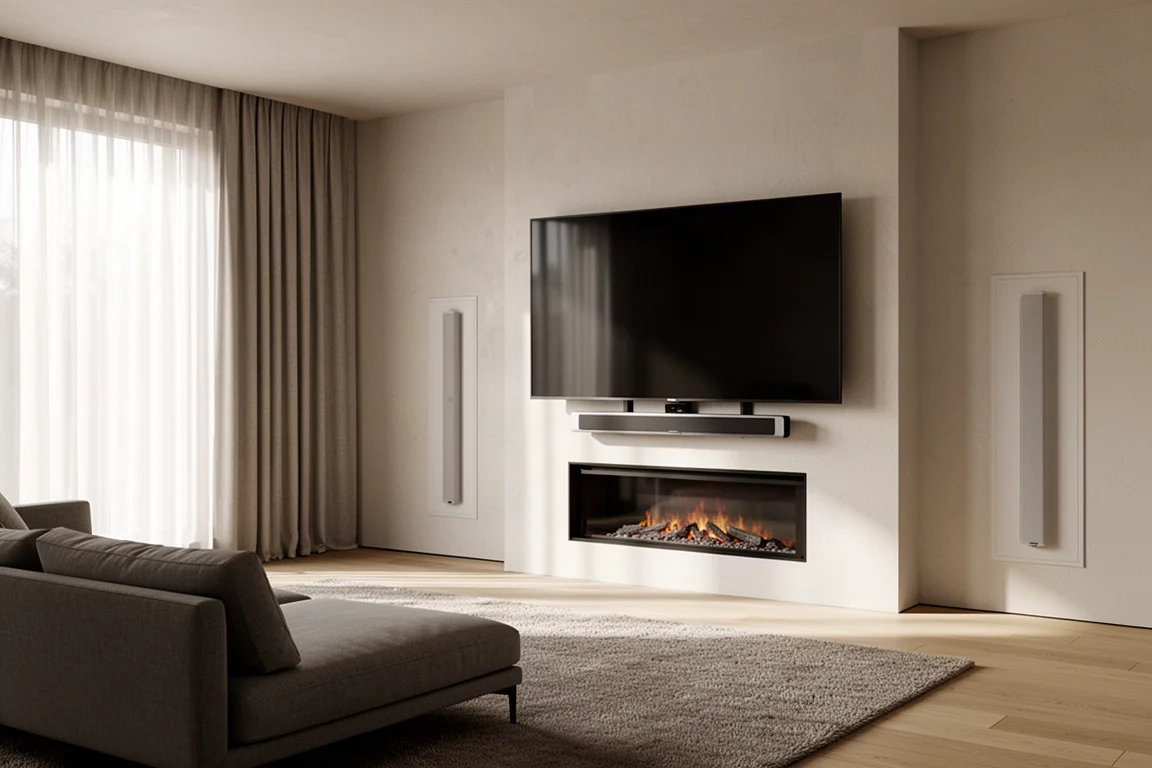 Modern living room set up as a discreet home theater with a large screen and in-wall speakers