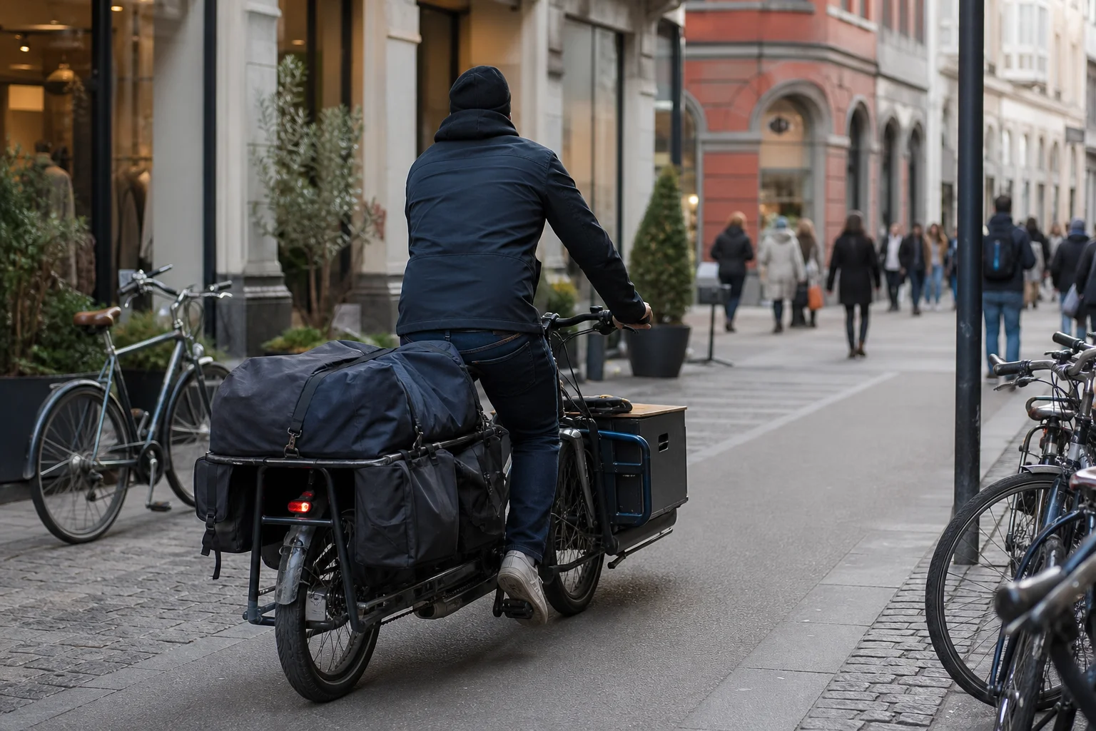 Ciclista urbano in sella a una e-cargo bike lungo una strada cittadina tra negozi e pedoni
