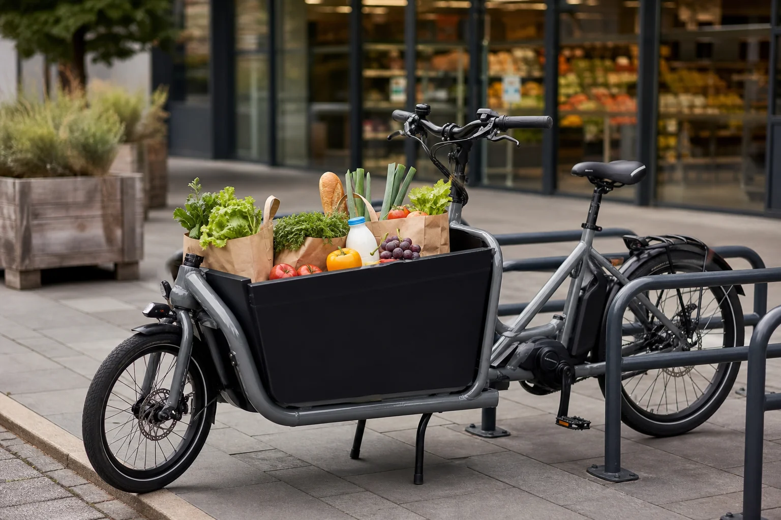 E-cargo bike parcheggiata in una rastrelliera fuori da un supermercato con borse della spesa