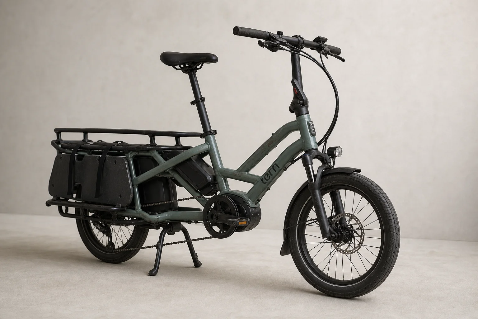 E-cargo bike Tern GSD di seconda generazione con design longtail su sfondo neutro