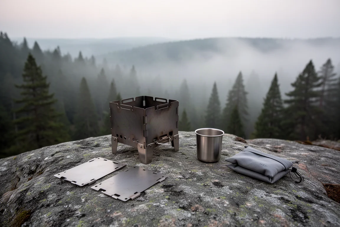 Teilweise zusammengebauter Flachpack-Stahlofen auf einer Granitkante im ersten Licht mit losen Seitenteilen daneben