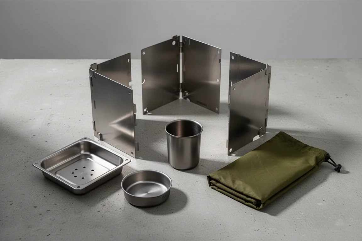 Partially assembled stainless steel flat-pack wood stove with tray, alcohol pan, and pouch on concrete