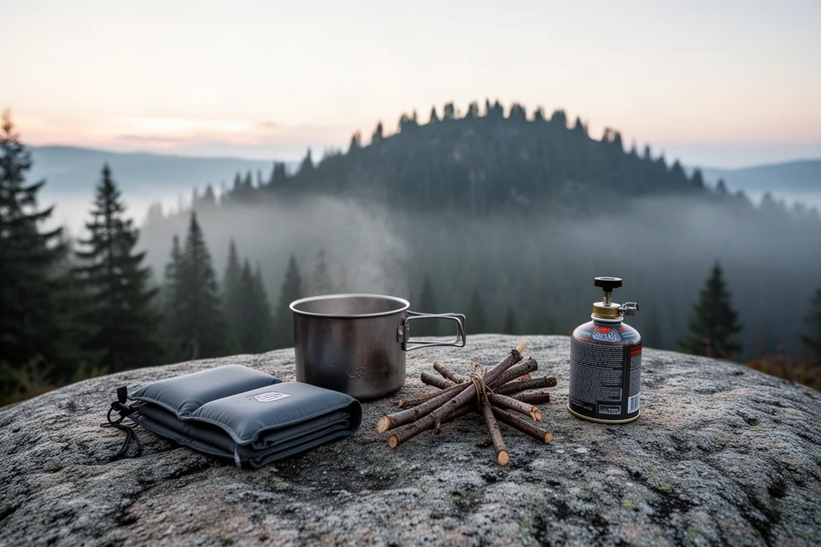 Cocina de campamento para mochilero sobre una losa de granito al amanecer con olla y ramitas