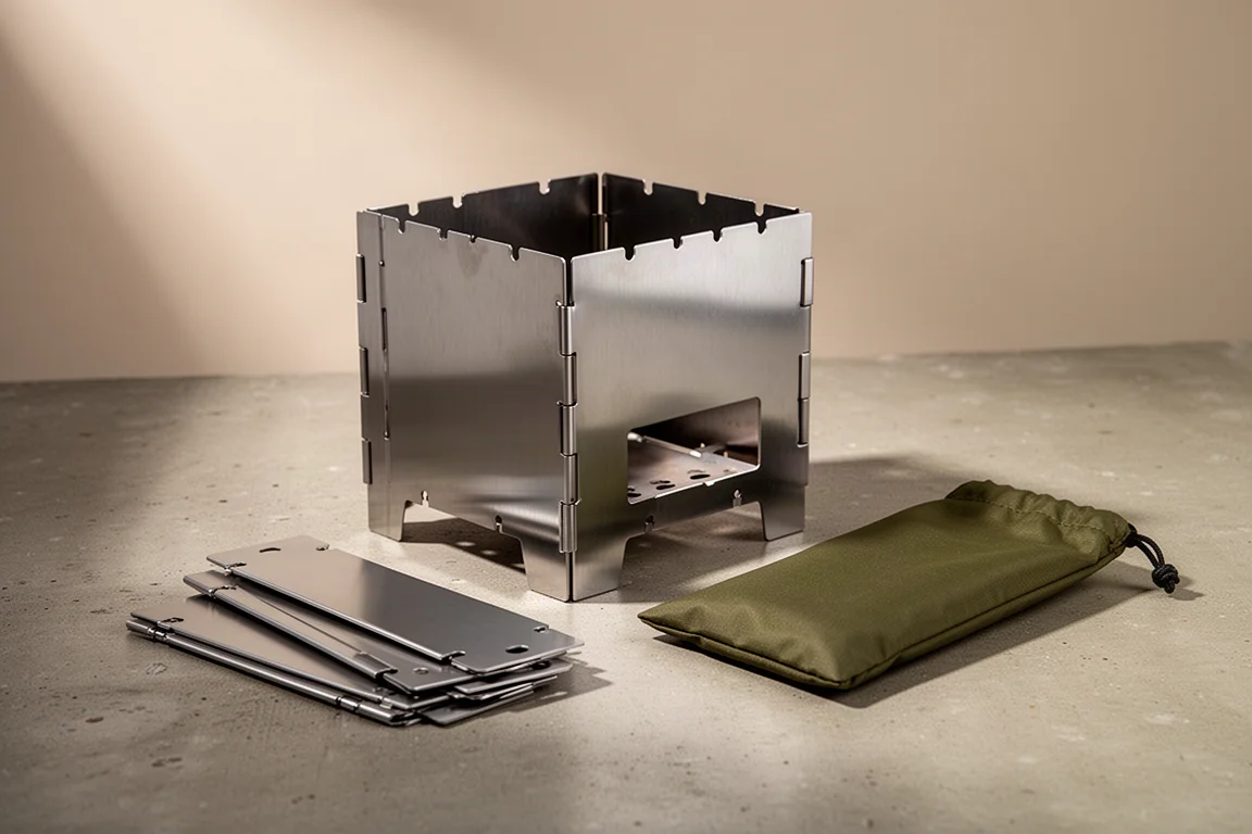 Collapsible stainless steel wood stove with folded panels and carry pouch on concrete