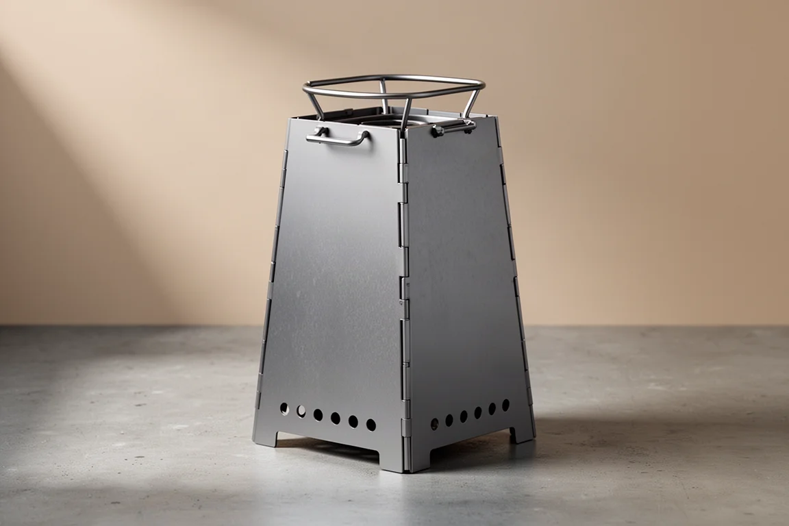 Folding titanium wood burning stove assembled on a neutral studio surface